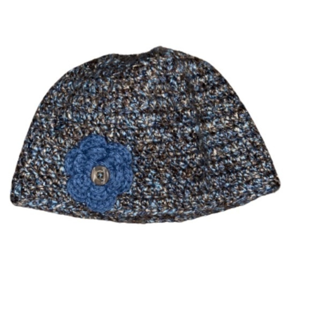 Taupe and blue crochet knit beanie hat